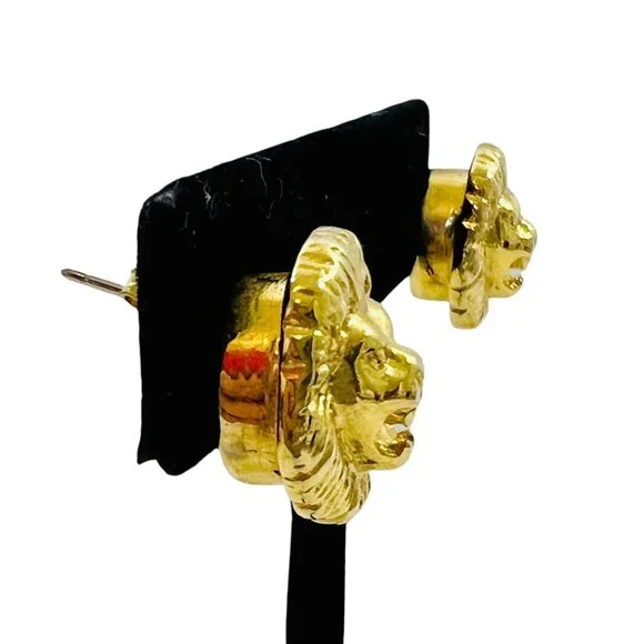 VTG Signed KJL Kenneth Jay Lane Gold Plated LION HEAD Stud Earrings Pierced - Picture 2 of 7